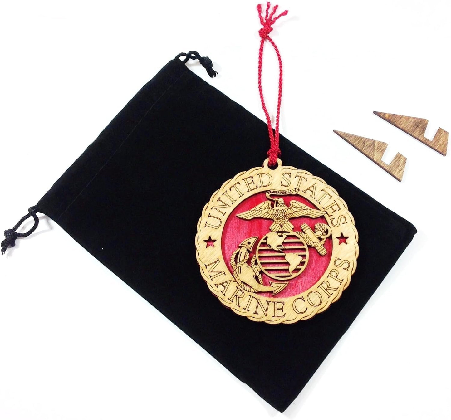 Hanging Laser Wooden Christmas Tree Holiday Ornament with Display Stand & Velvet Pouch - Military Armed Forces Marine Corps