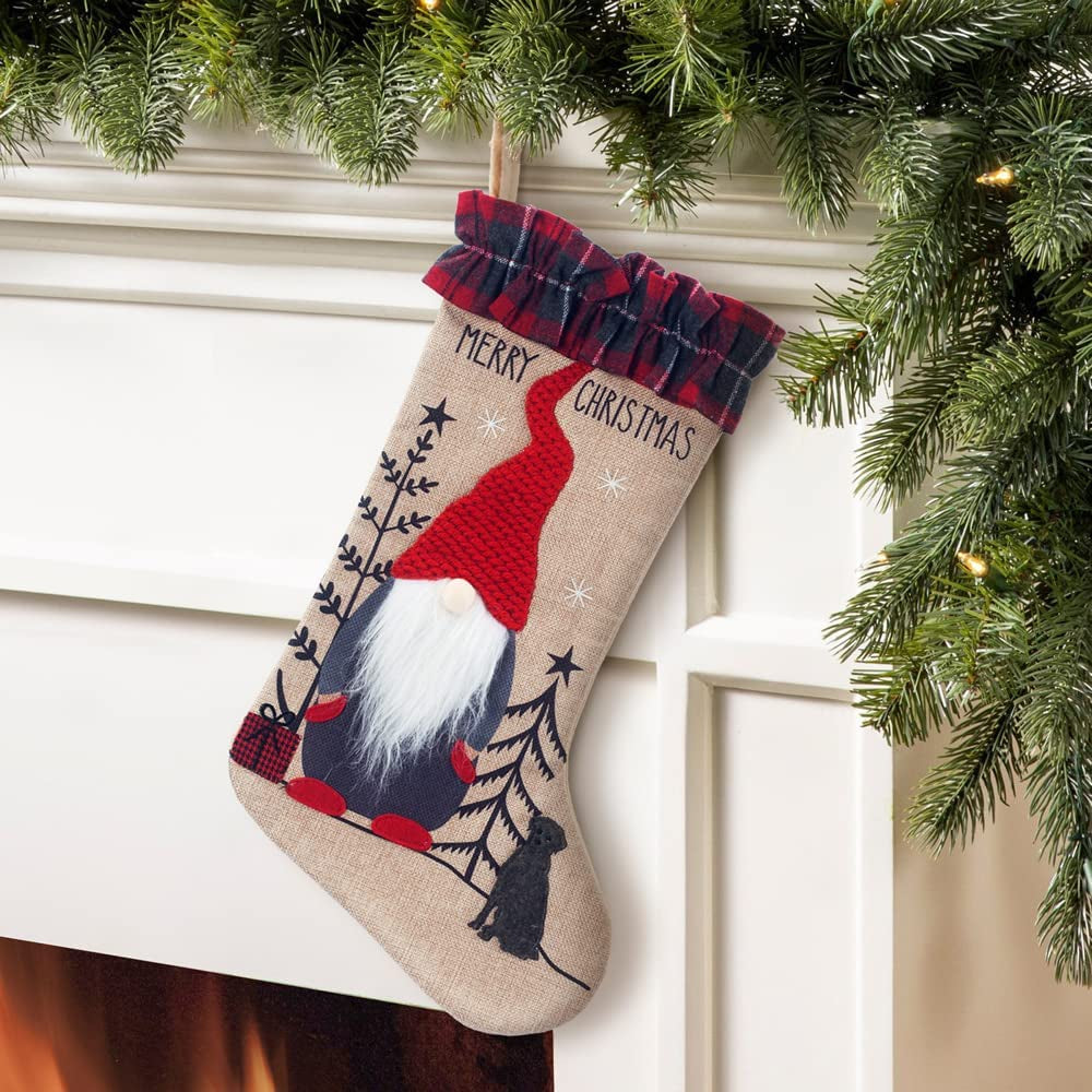 OVEELER Burlap Christmas Stocking Rustic Gnome Christmas Stockings with Buffalo Plaid Decorative Cuff for Xmas Holiday Decoration 19.5 Inches