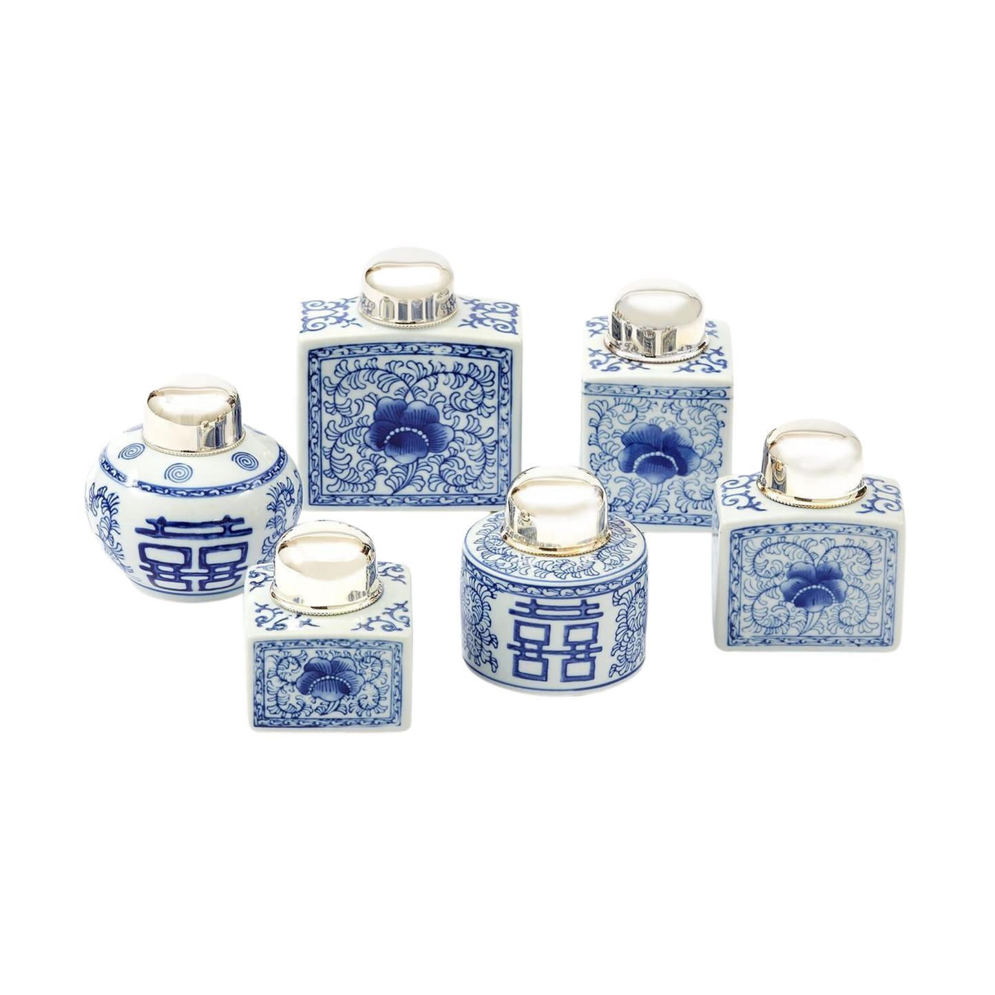 Set of 6 Blue and White Tea Jars with Nickel-Plated Lid