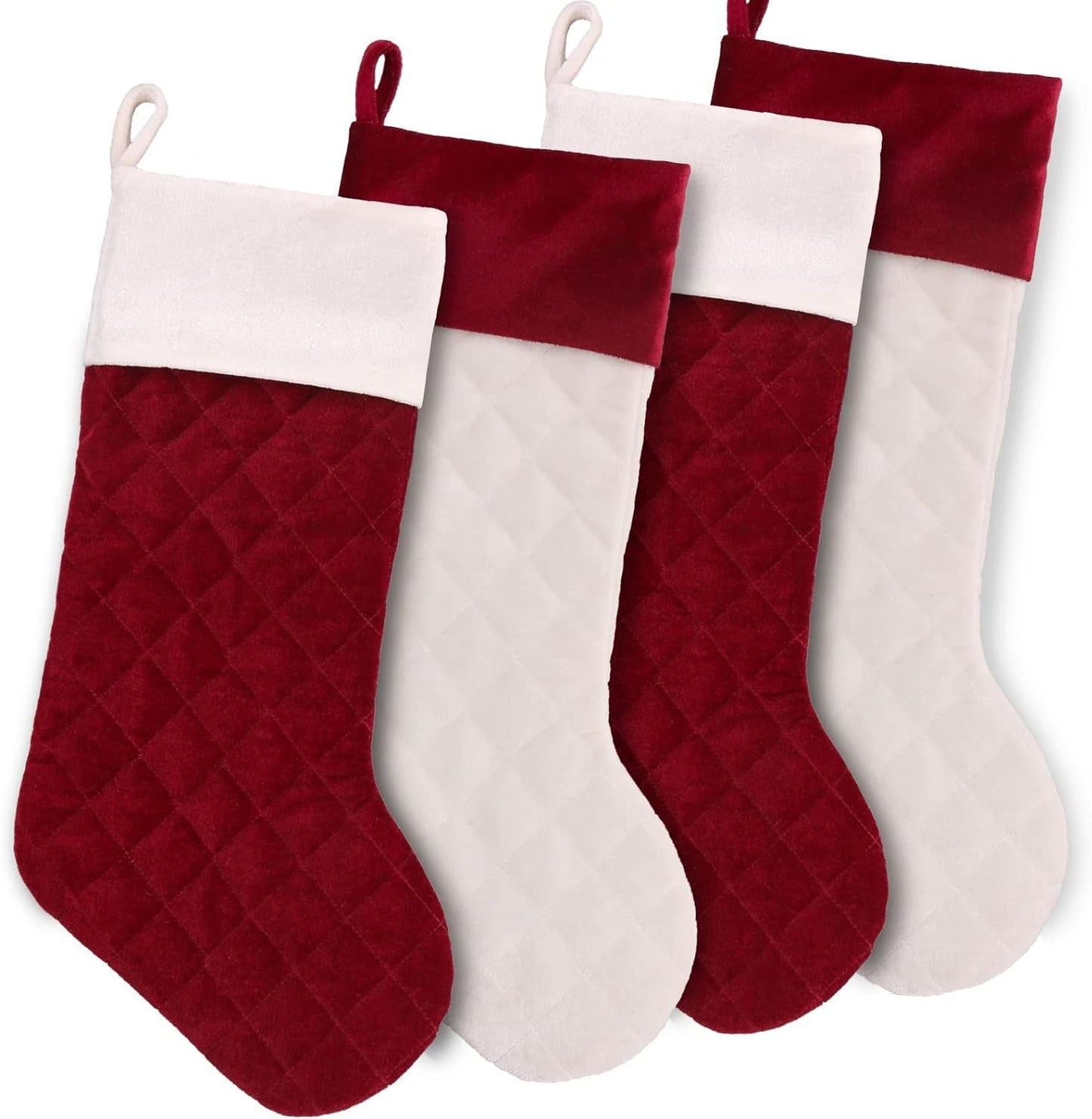 Meriwoods Christmas Stockings 4 Pack 18 Inch, Large Velvet Quilted Xmas Stocking for Family, Farmhouse Country Rustic Personalized Holiday Indoor Decorations, Burgundy Red & White