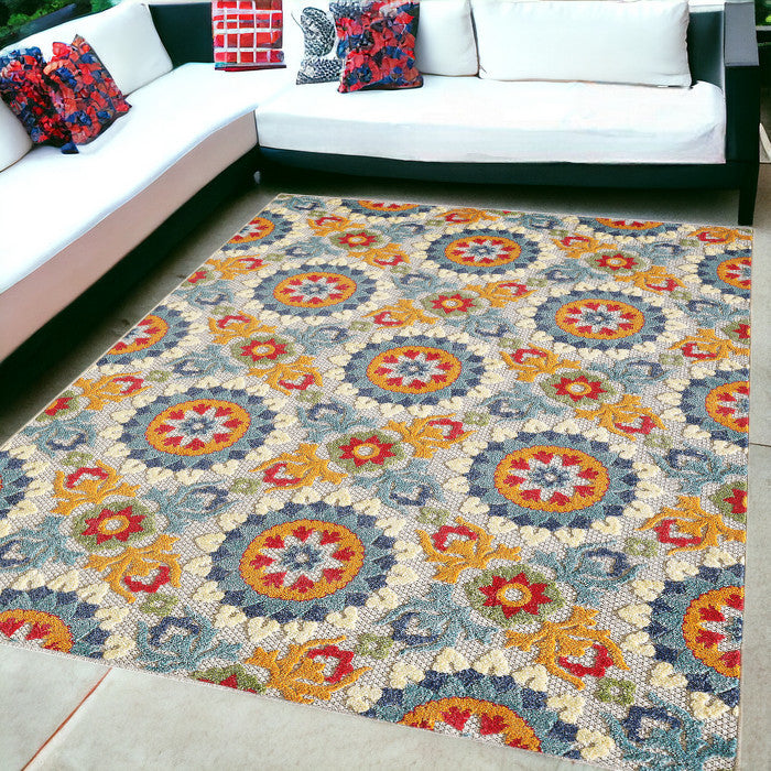 5' X 7' Orange And Ivory Moroccan Stain Resistant Indoor Outdoor Area Rug