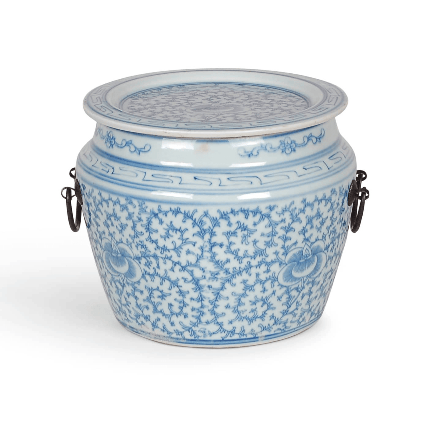7" Porcelain Blue & White Floral Flat Lidded Jar