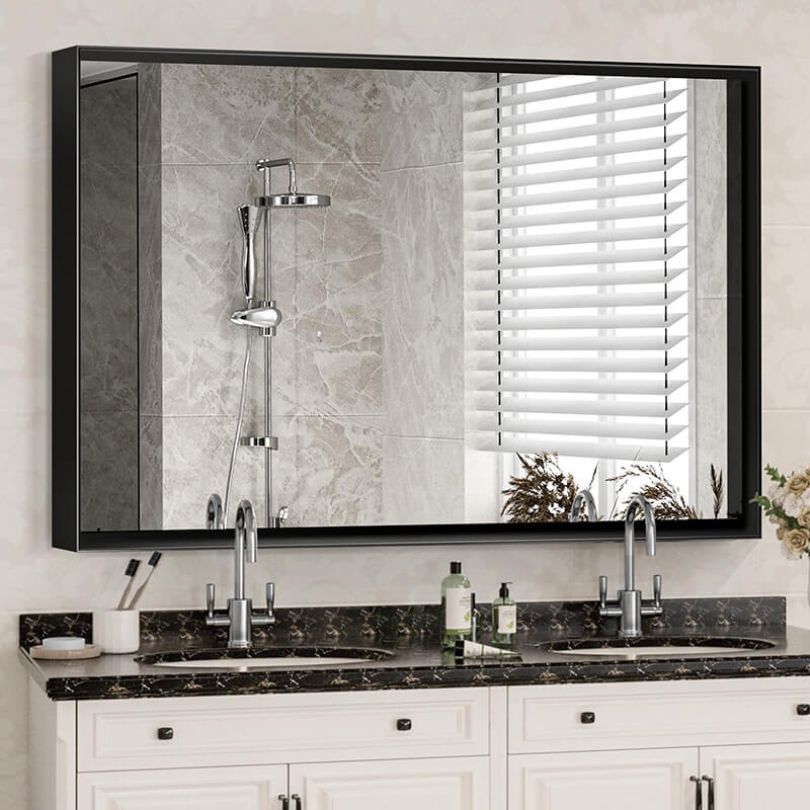 Glossy Black Decorative Square Corner Wall-mounted Rectangle Bathroom Vanity Mirror 40" x 30"