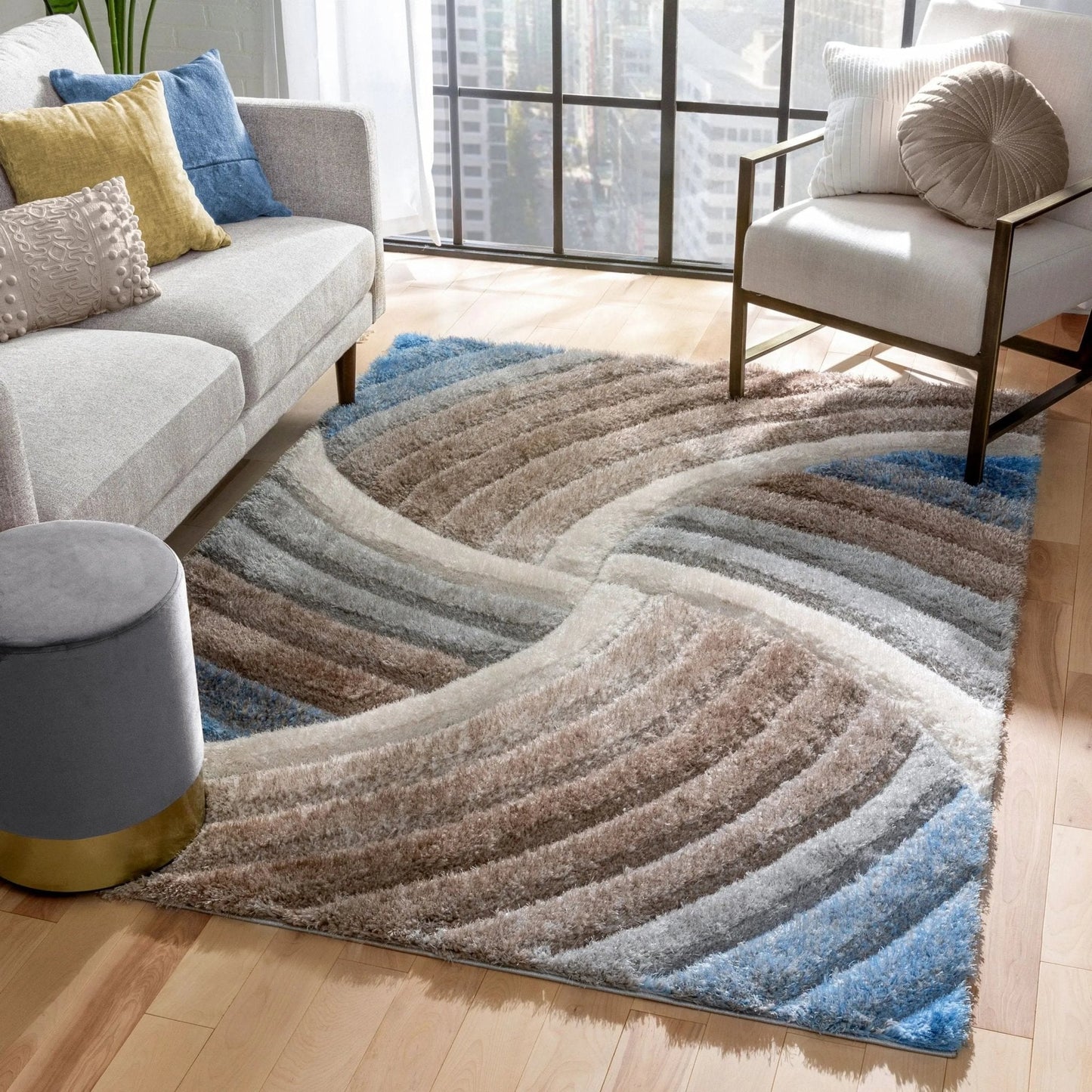 Ucci Modern Modern Geometric Shag Beige 3D Textured Thick & Soft Shag Rug