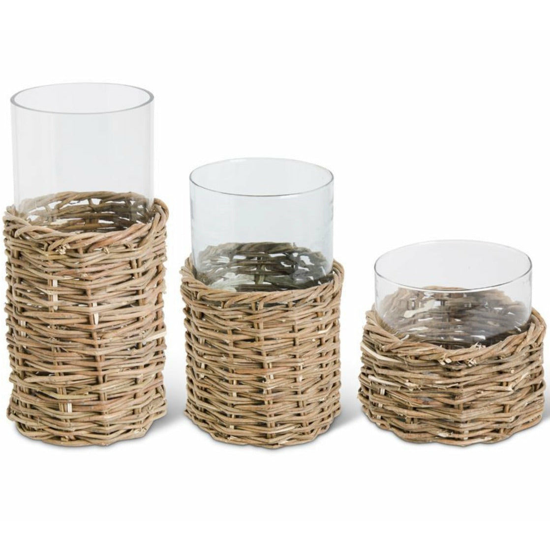 Clear Glass Cylinders in Woven Rattan Basket