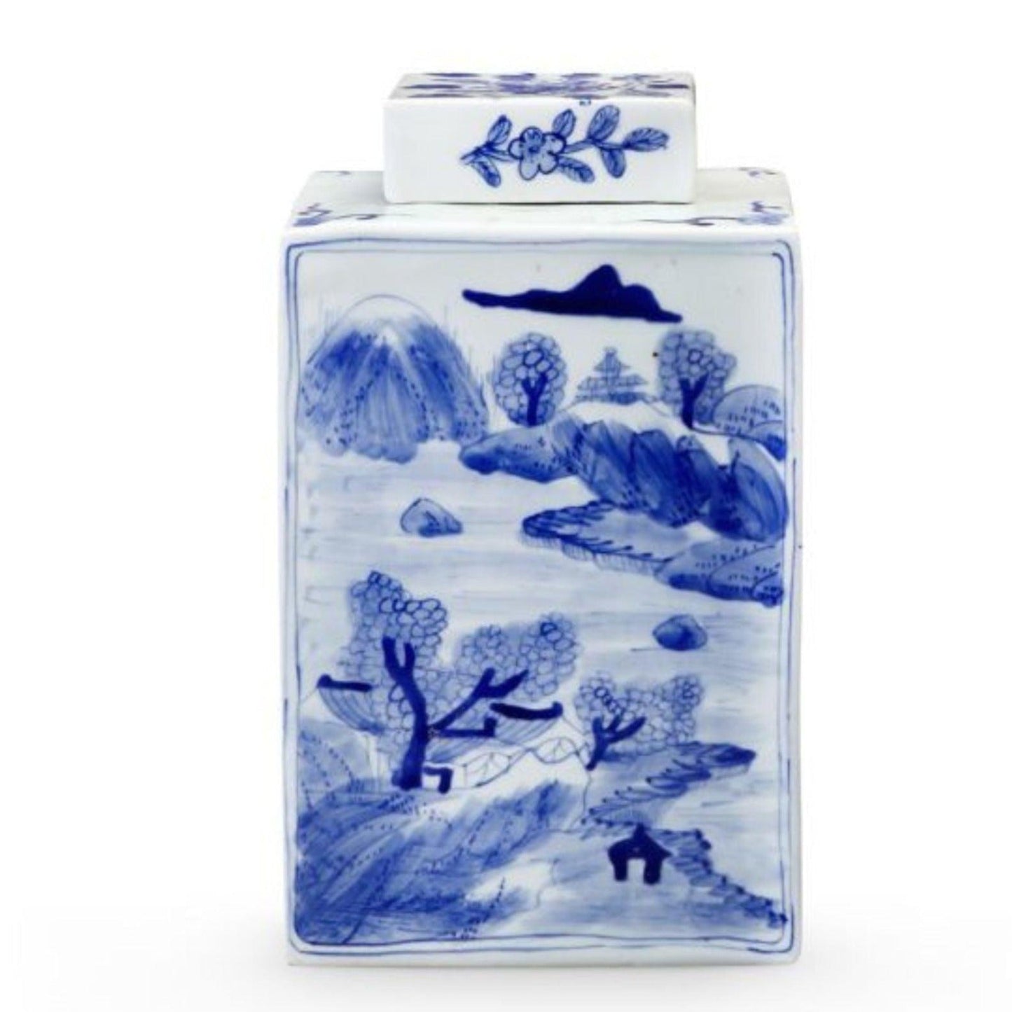 Blue and White Peony Square Porcelain Jar