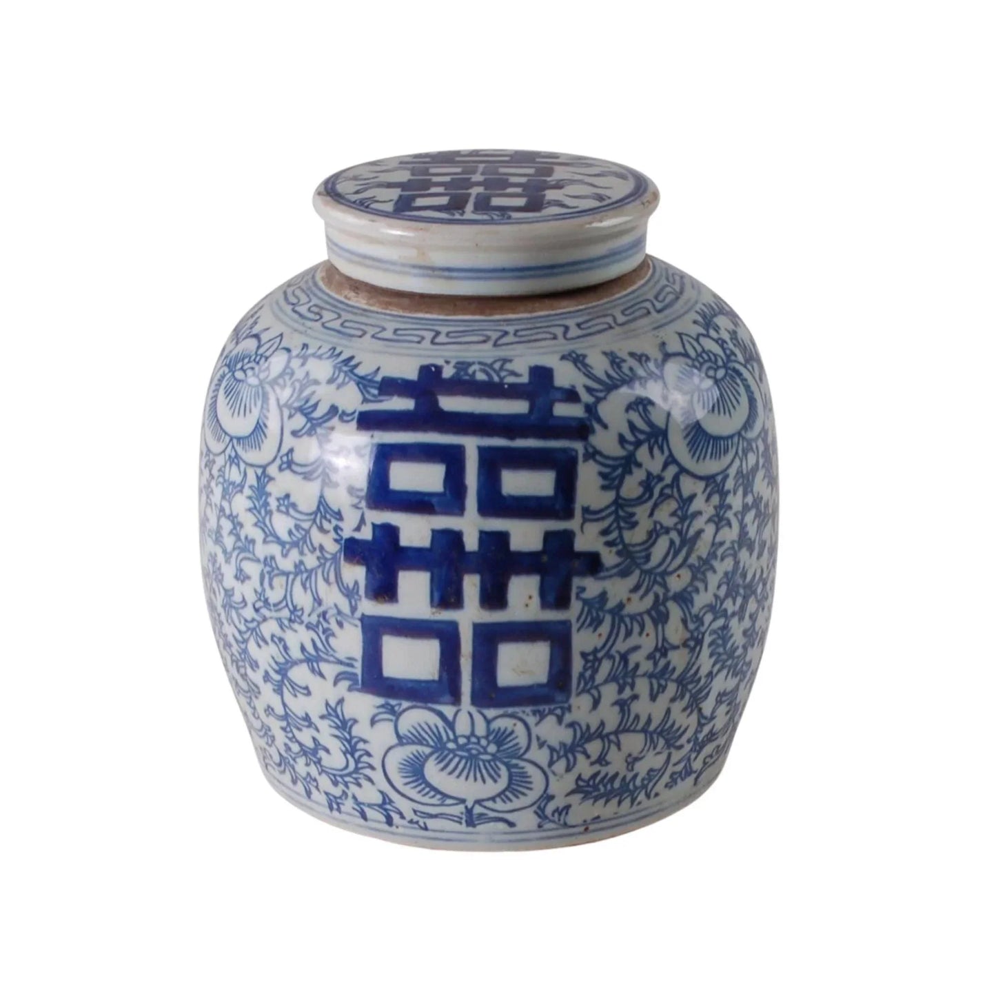 Blue and White Porcelain Double Happiness Floral Vine Lidded Jar