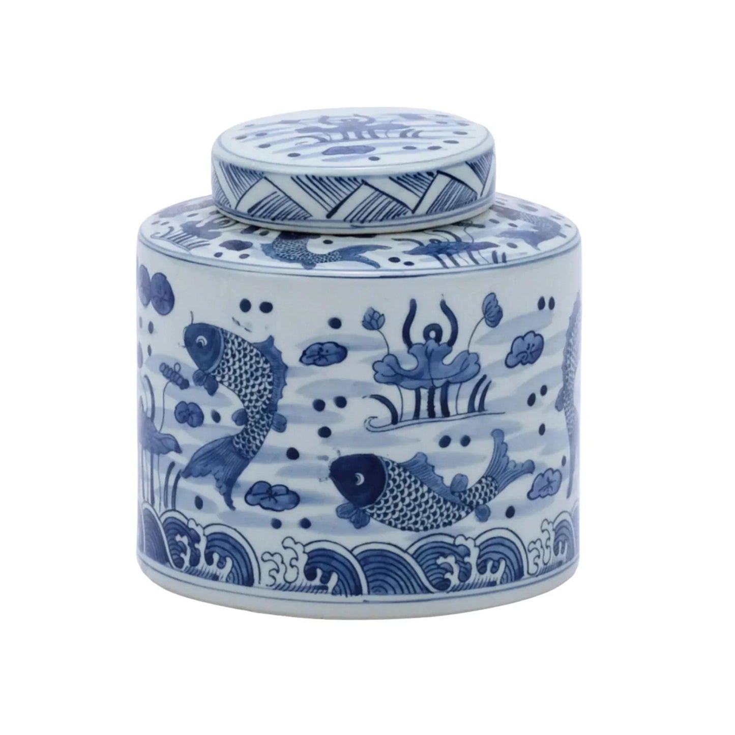 Blue and White Porcelain Fish Cylinder Tea Jar