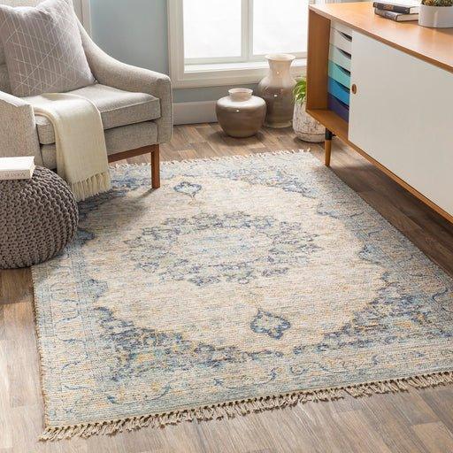 Coventry Blue and Beige Area Rug With Tassel Fringe - Available in a Variety of Sizes