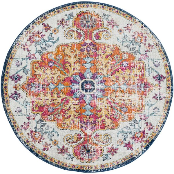 5' Round Area Rug Distressed Oriental Pattern, Ivory