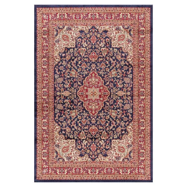 Area Rug Navy 7 ft. x 9 ft. Oriental Medallion Pattern Stain Flame Retardant