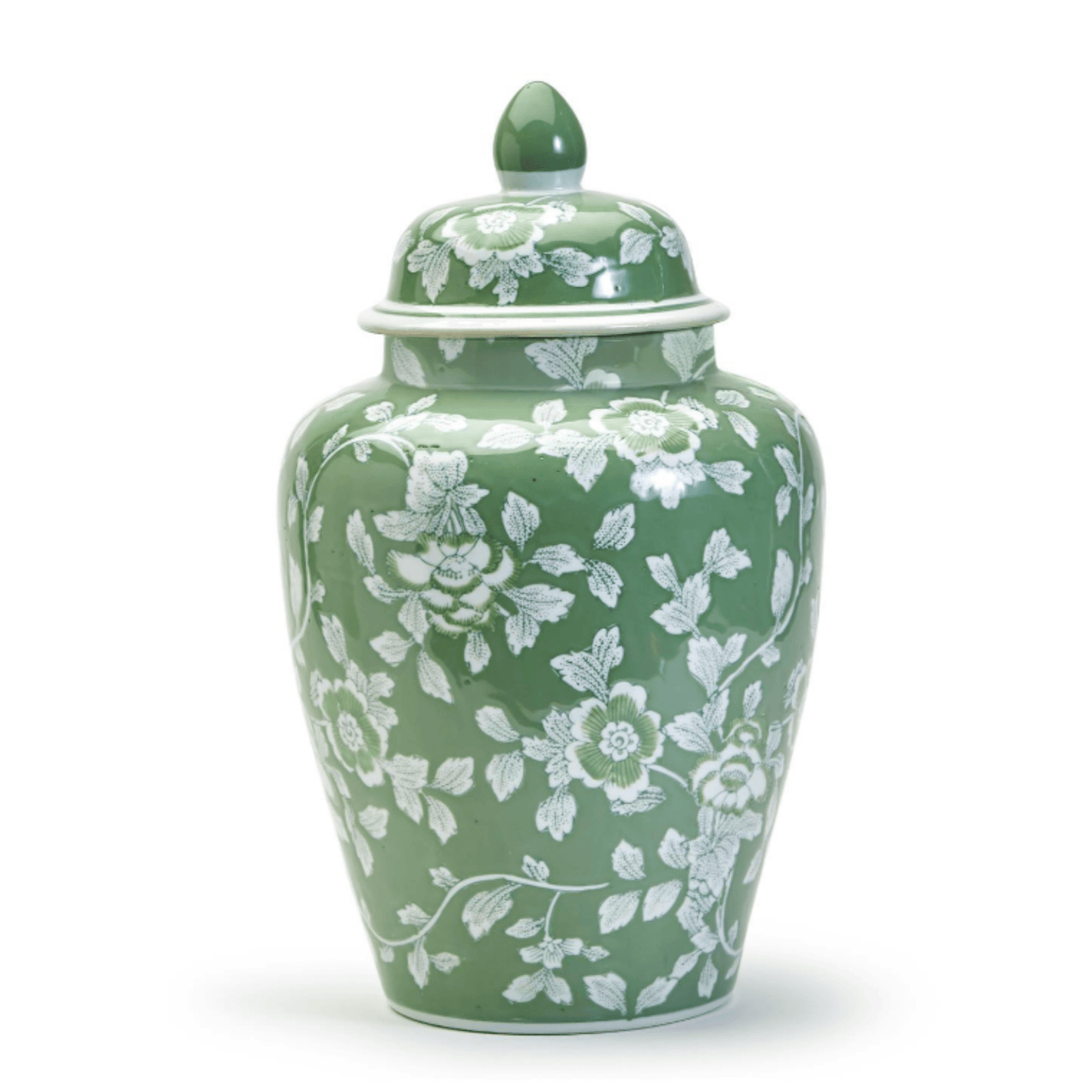 Porcelain Green & White Floral Countryside Hand-Painted Ginger Jar
