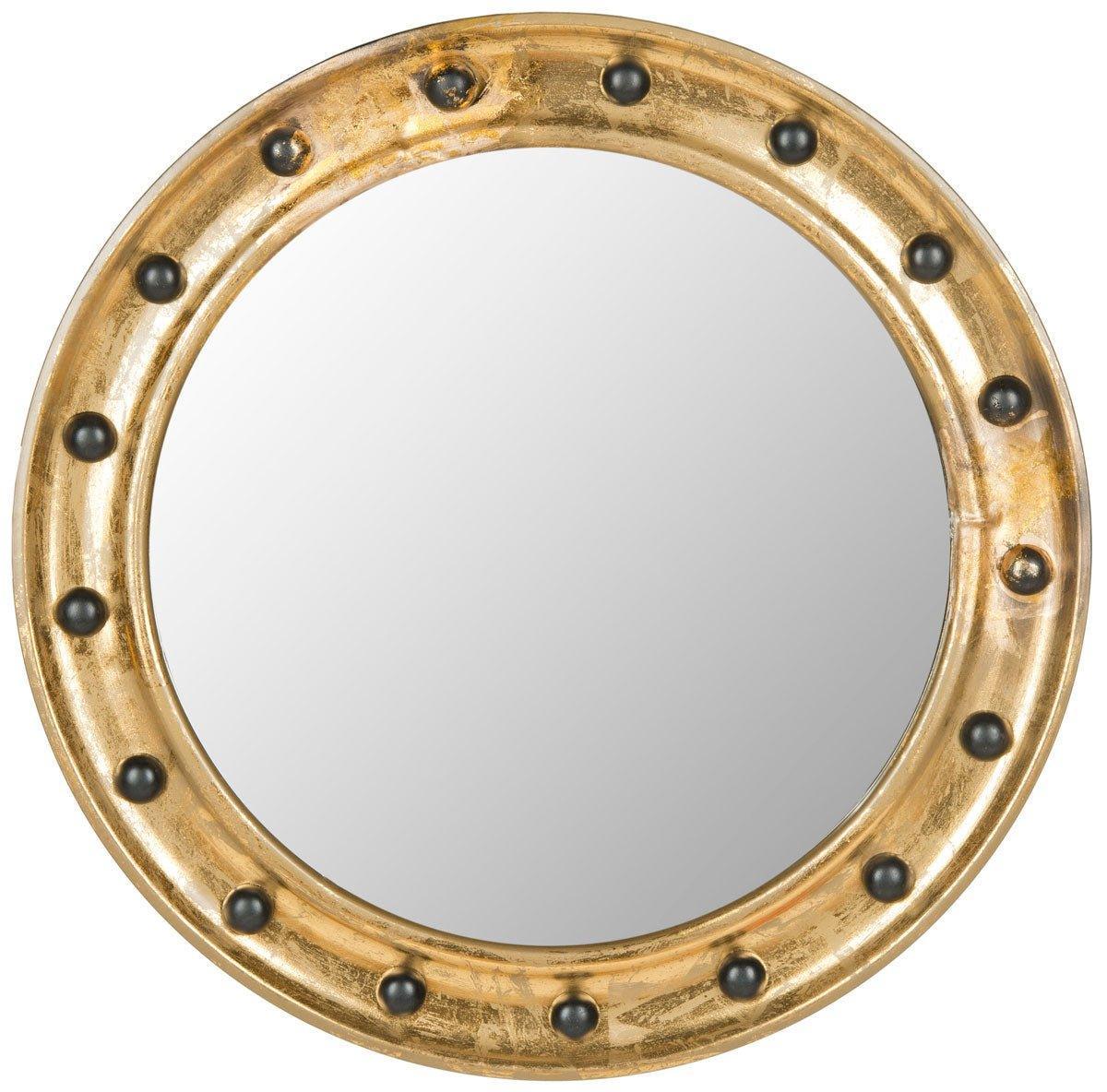 Round Nautical Gold Mirror With Black Faux Nailheads