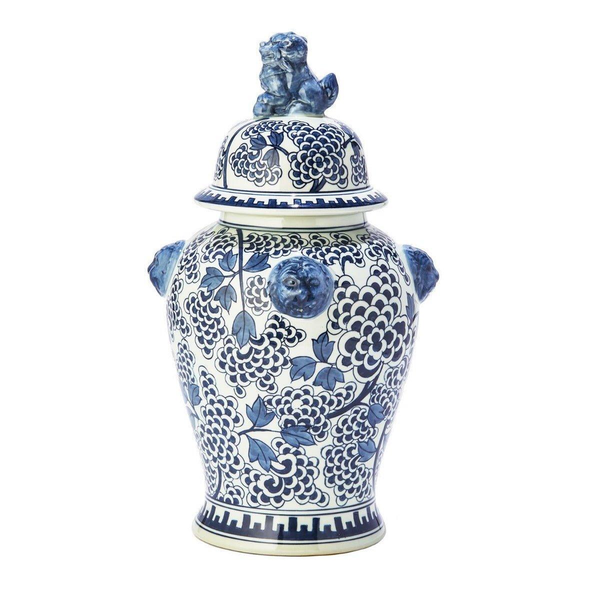 Blue and White Peony Flower Design Porcelain Covered Temple Jar