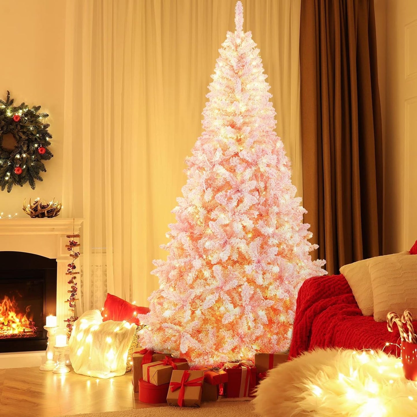 Bestcomfort 7 FT Pre-Lit Slim Pencil Christmas Tree, Hinged White Artificial Tree with 800 PVC Branch Tips, 300 LED Warm Lights, 8 Lighting Modes, Quick Setup, for Seasonal Holiday Decor Home & Garden > Decor > Seasonal & Holiday Decorations GOLDEN VESSEL ELECTRONIC & LIGHTING INC Pink 7.5 Ft