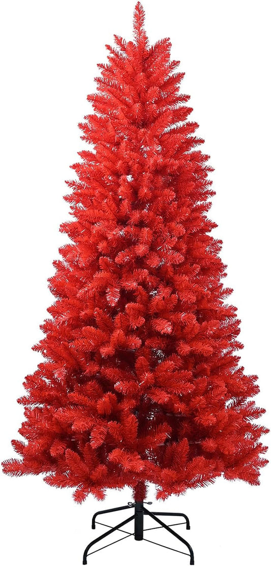 Artificial Red Christmas Tree,Maylaviu Full Real Halloween Xmas Tree Easy to Assemble with Christmas Tree Metal Stand,Artificial Tree with 1200 Branch Holiday Outdoor Indoor Decor(7Ft)