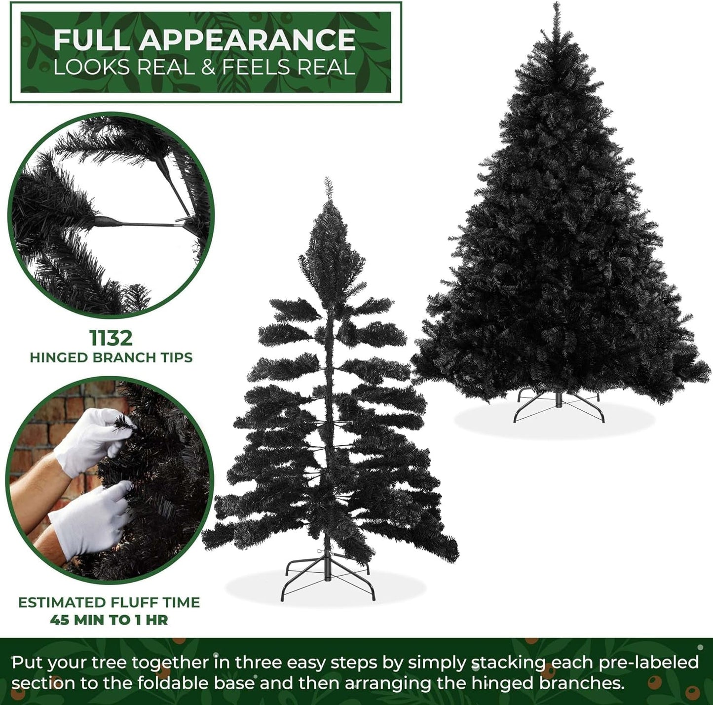 Casafield 6FT Black Spruce Artificial Holiday Christmas Tree with Sturdy Metal Stand