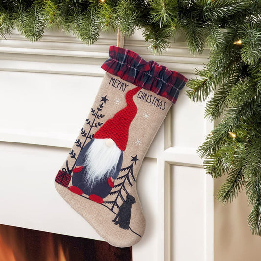 OVEELER Burlap Christmas Stocking Rustic Gnome Christmas Stockings with Buffalo Plaid Decorative Cuff for Xmas Holiday Decoration 19.5 Inches