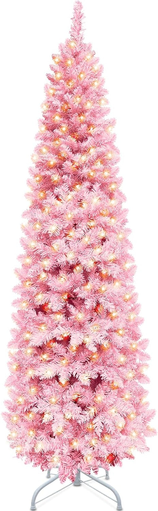 [ Warm White & Multicolor Lights ] 7 Feet Prelit Pencil Christmas Tree Decoration 300 LED with Timer 8 Modes UL Plug 1000 Branch Tips Metal Stand Hinged Artificial Slim Xmas Tree Indoor Outdoor Decor Home & Garden > Decor > Seasonal & Holiday Decorations Changzhou Jutai Electronic Co.,Ltd Pink - Warm Lights