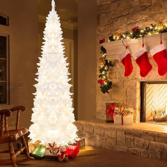 Bestcomfort 7 FT Pre-Lit Slim Pencil Christmas Tree, Hinged White Artificial Tree with 800 PVC Branch Tips, 300 LED Warm Lights, 8 Lighting Modes, Quick Setup, for Seasonal Holiday Decor