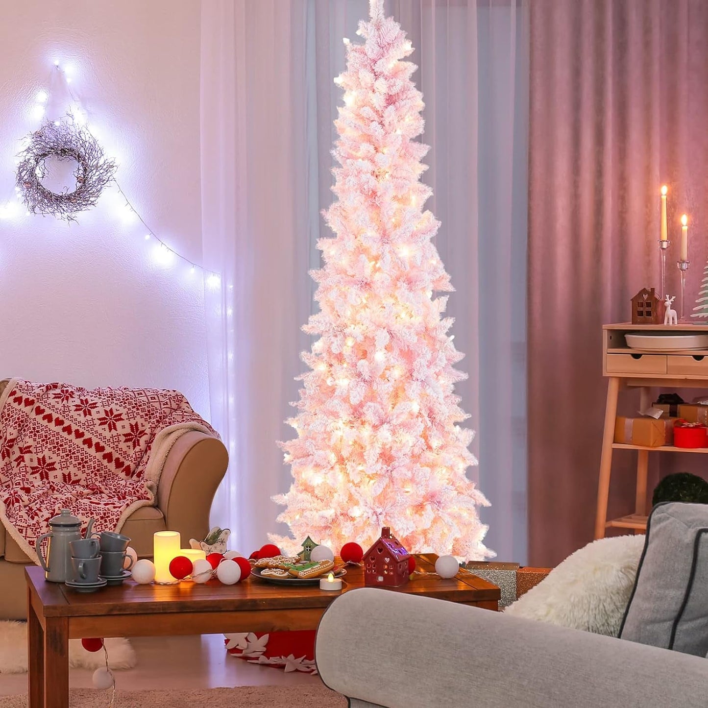 Bestcomfort 7 FT Pre-Lit Slim Pencil Christmas Tree, Hinged White Artificial Tree with 800 PVC Branch Tips, 300 LED Warm Lights, 8 Lighting Modes, Quick Setup, for Seasonal Holiday Decor Home & Garden > Decor > Seasonal & Holiday Decorations GOLDEN VESSEL ELECTRONIC & LIGHTING INC Pink 7 Ft