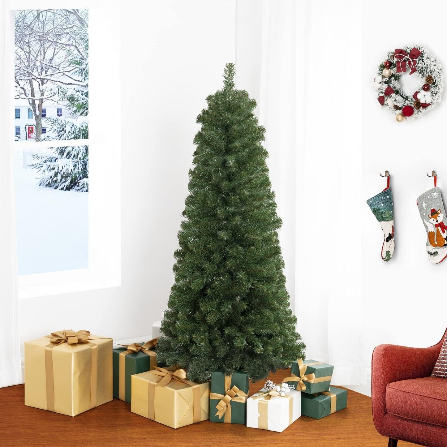 Vienna 7.5Ft Prelit Slim Artificial Christmas Tree with 1102 Branch Tips, 350 Warm Lights and Metal Stand, 34" Wide Realistic Skinny Pencil Christmas Tree with Lights by Naomi Home Home & Garden > Decor > Seasonal & Holiday Decorations Naomi Home 4 5 Ft