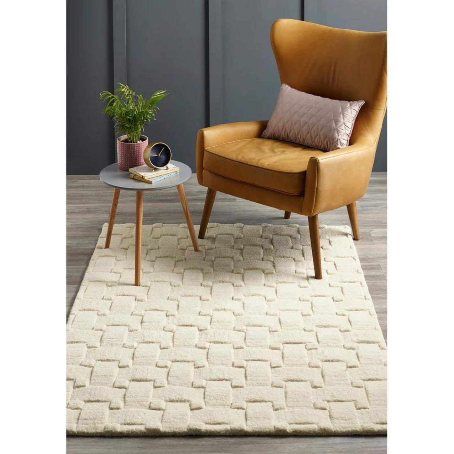 Basketweave Ivory Wool Rug
