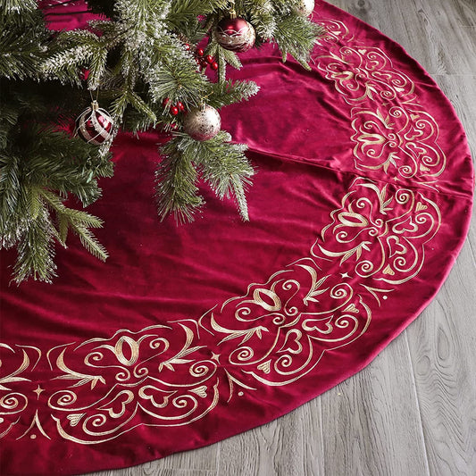 Bunny Chorus Christmas Tree Skirt, 72 Inch Extra Large Velvet Fur Plush Red Tree Skirt, Xmas Tree Skirts with Gold Embroidered for Merry Christmas Party Large Christmas Tree Holiday Decorations