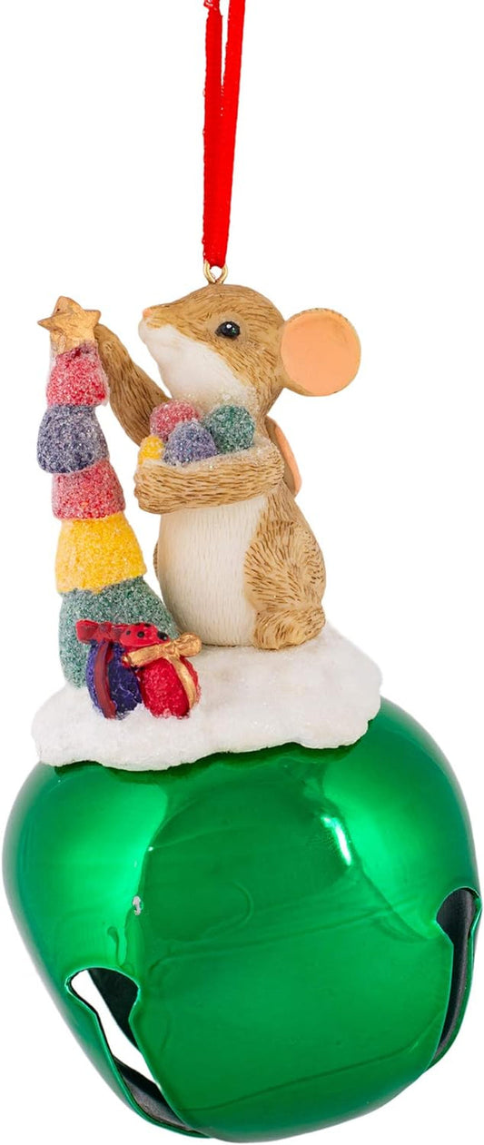 Mouse Candy Jingle Bell Green 5 X 3 Resin Holiday Hanging Figurine Ornament