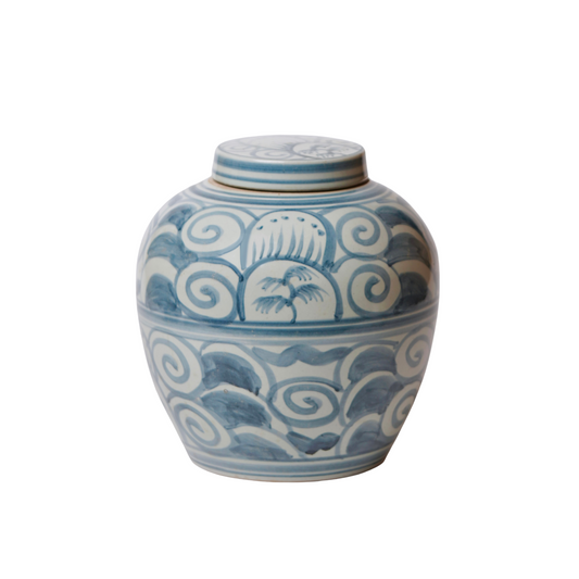 Rustic Curlicue Blue and White Porcelain Round Storage Jar