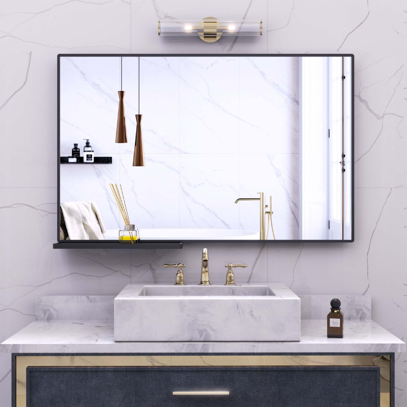 Modern Rectangular Black Bathroom Mirror with Storage Shelf (Small)