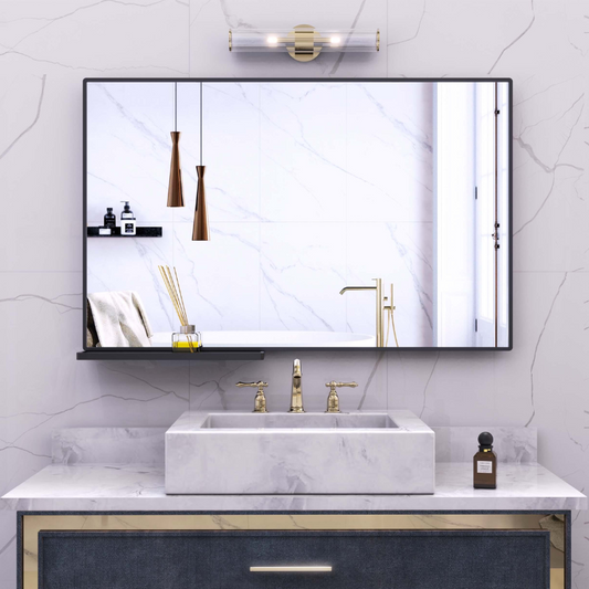 Modern Rectangular Black Bathroom Mirror with Storage Shelf (Small)
