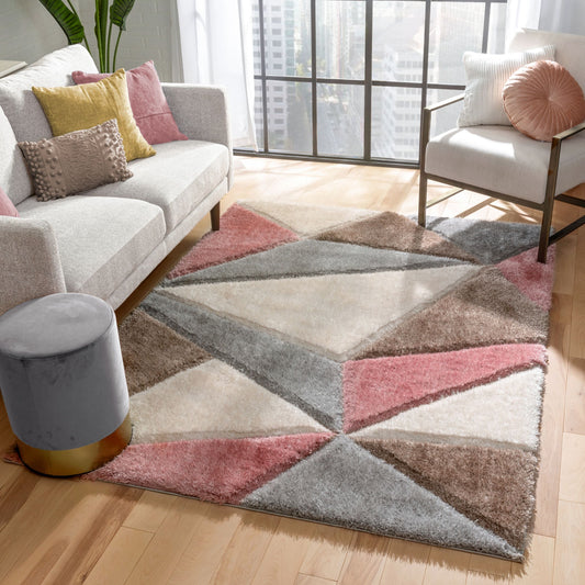 Venice Modern Geometric Triangle Pattern Shag Grey Blush 3D Textured Thick & Soft Shag Rug