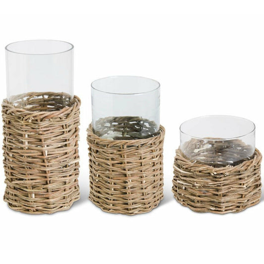 Clear Glass Cylinders in Woven Rattan Basket