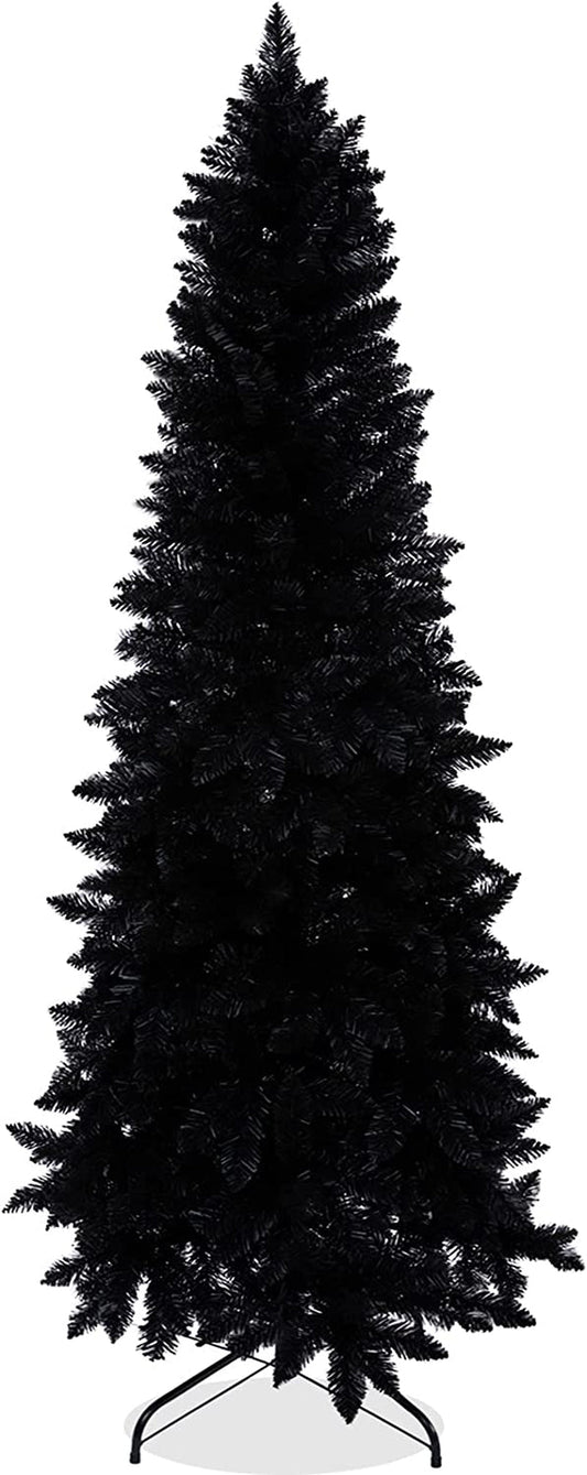 Wabolay 7Ft Artificial Pencil Slim Black Christmas Tree Unlit-Tall Skinny Hinged Full Real Tall Halloween Xmas Tree with 950 Branch Tips-Foldable Metal Stand-Easy Setup-Holiday Outdoor Indoor Décor