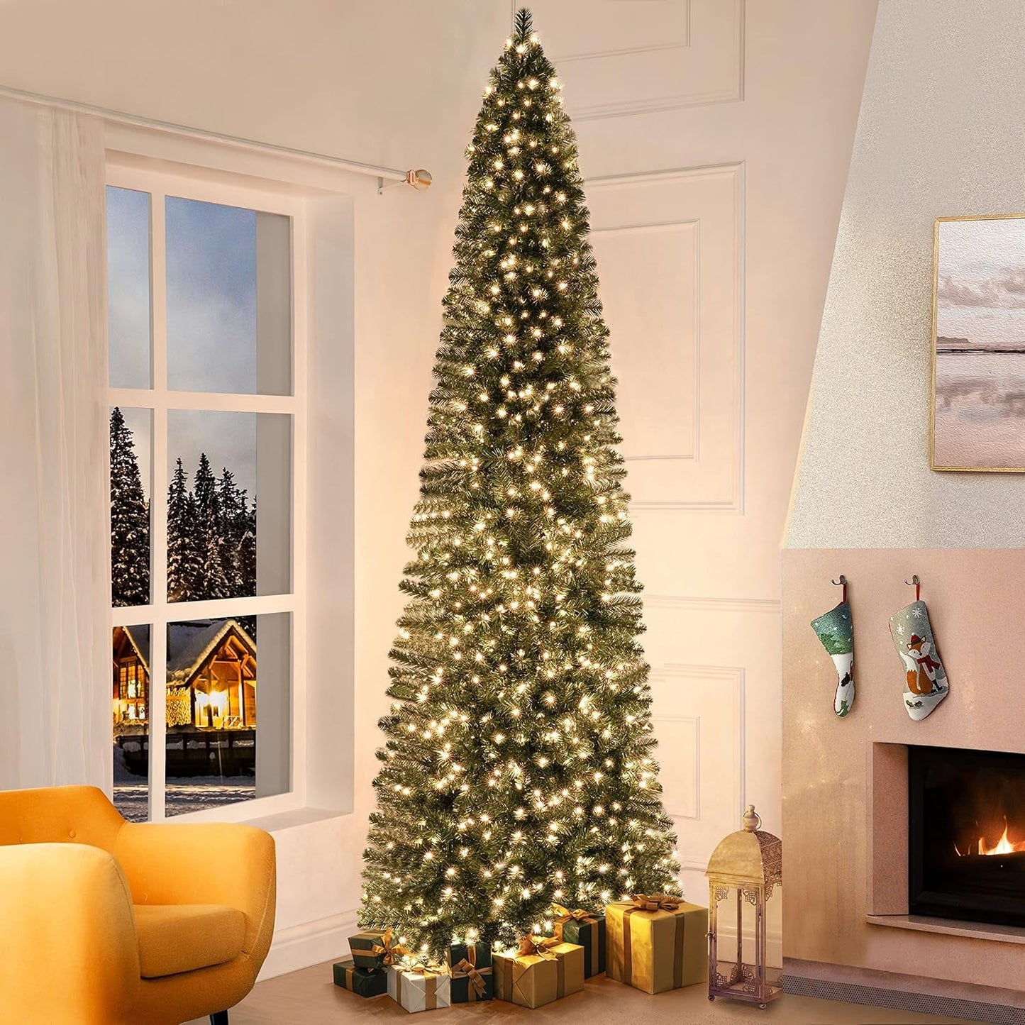 Vienna 7.5Ft Prelit Slim Artificial Christmas Tree with 1102 Branch Tips, 350 Warm Lights and Metal Stand, 34" Wide Realistic Skinny Pencil Christmas Tree with Lights by Naomi Home Home & Garden > Decor > Seasonal & Holiday Decorations Naomi Home 9 Ft