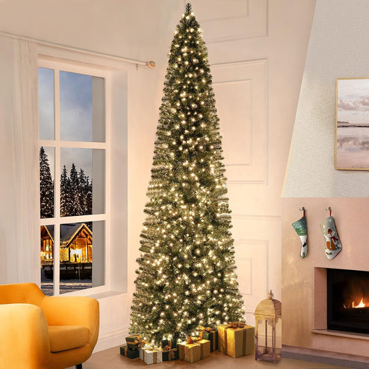 Vienna 7.5Ft Prelit Slim Artificial Christmas Tree with 1102 Branch Tips, 350 Warm Lights and Metal Stand, 34" Wide Realistic Skinny Pencil Christmas Tree with Lights by Naomi Home Home & Garden > Decor > Seasonal & Holiday Decorations Naomi Home 9 Ft