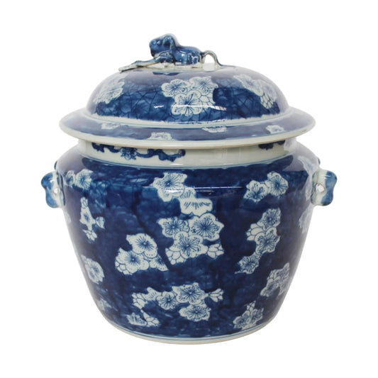 Blue and White Porcelain Rice Jar With Floral Motif