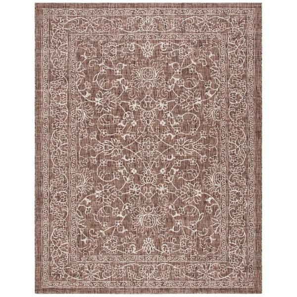 8' x 10' Rectangle Area Rug Floral Scroll Pattern, Brown/Ivory