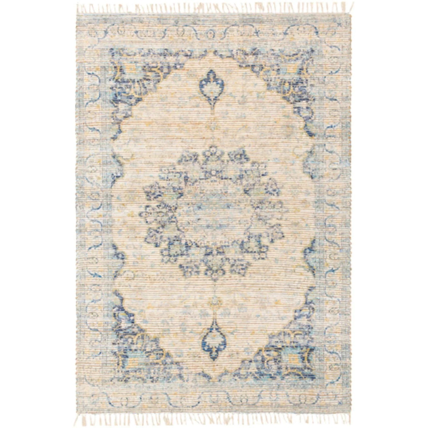 Coventry Blue and Beige Area Rug With Tassel Fringe - Available in a Variety of Sizes