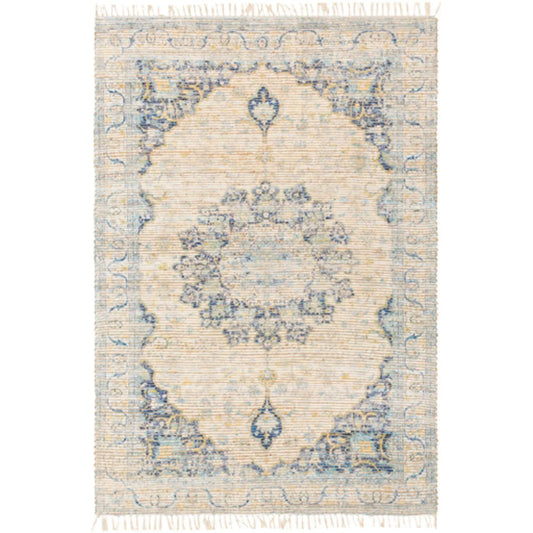 Coventry Blue and Beige Area Rug With Tassel Fringe - Available in a Variety of Sizes