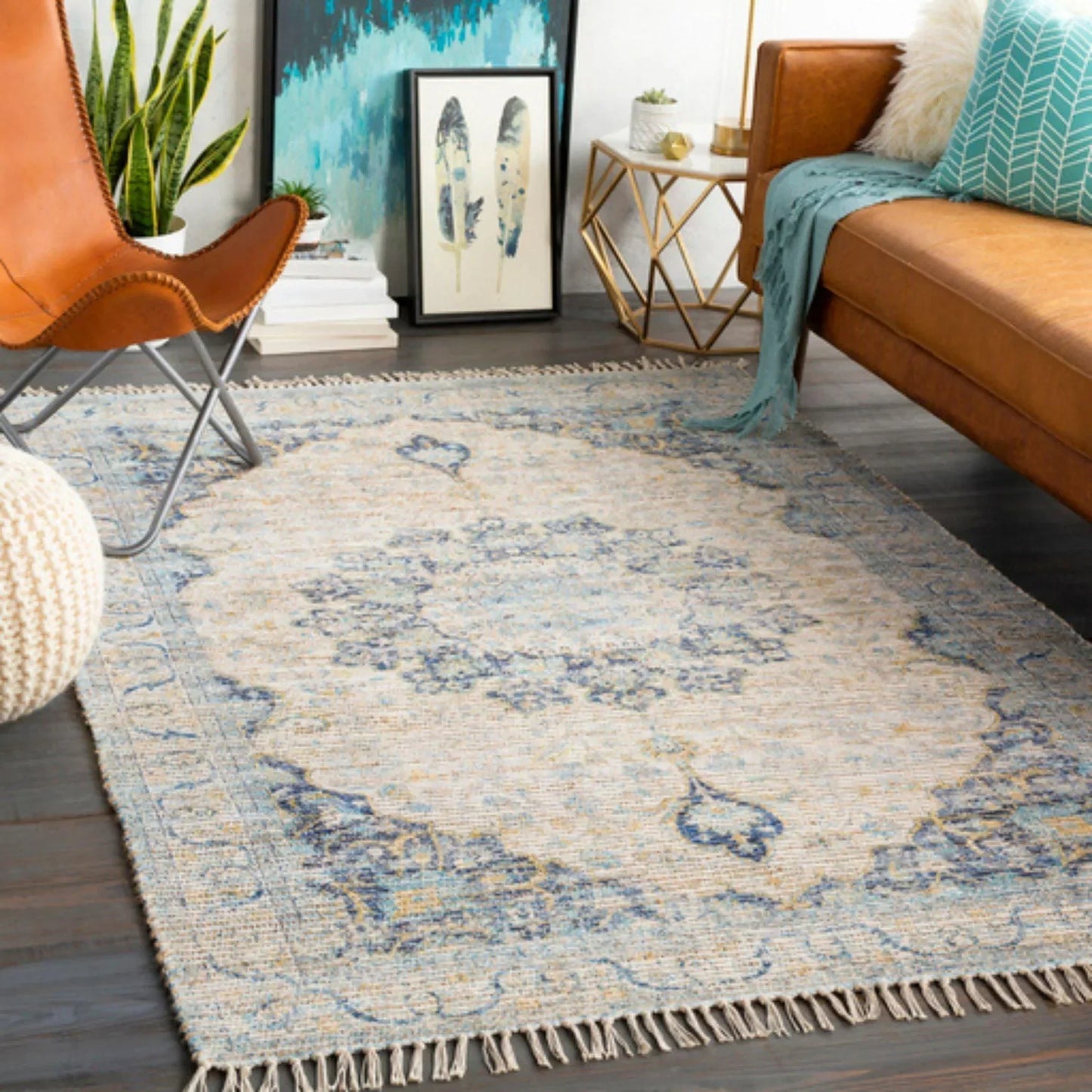 Coventry Blue and Beige Area Rug With Tassel Fringe - Available in a Variety of Sizes