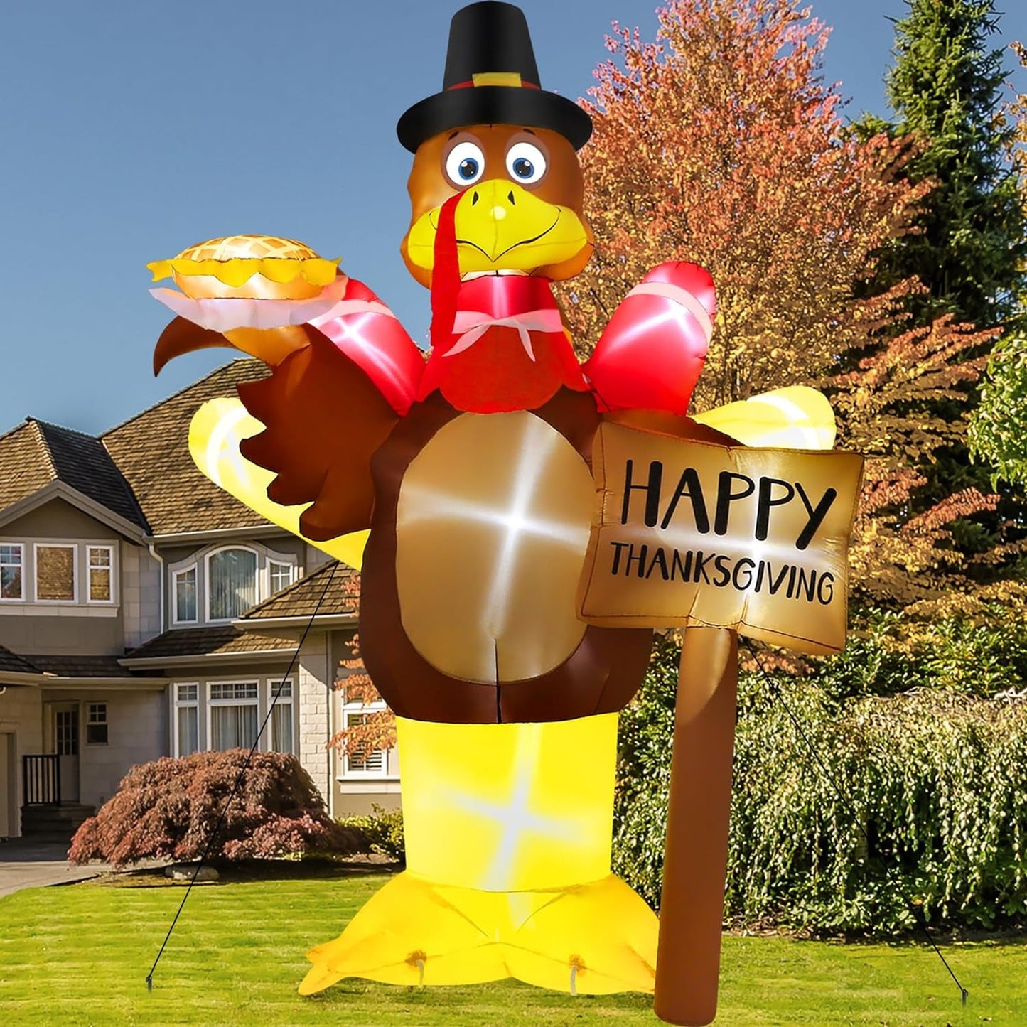12FT Thanksgiving Turkey Inflatables, Super Huge Inflatable Turkey Holding Pumpkin Pie and Happy Thanksgiving Sign, Lighted Blow up Turkey for Yard Decor Outdoor Lawn Garden Autumn Holiday Harvest
