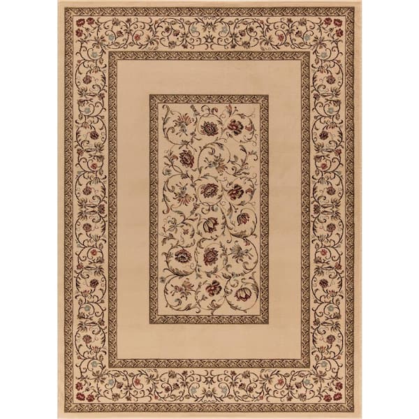 7' x 10' Rectangle Area Rug Floral Border Stain Resistant, Ivory