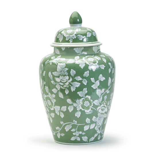 Porcelain Green & White Floral Countryside Hand-Painted Ginger Jar