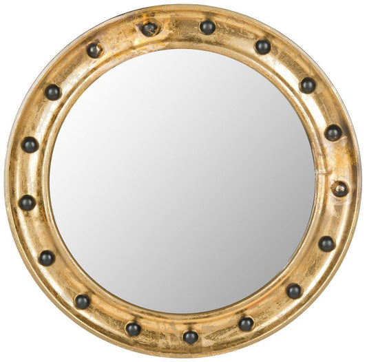 Round Nautical Gold Mirror With Black Faux Nailheads