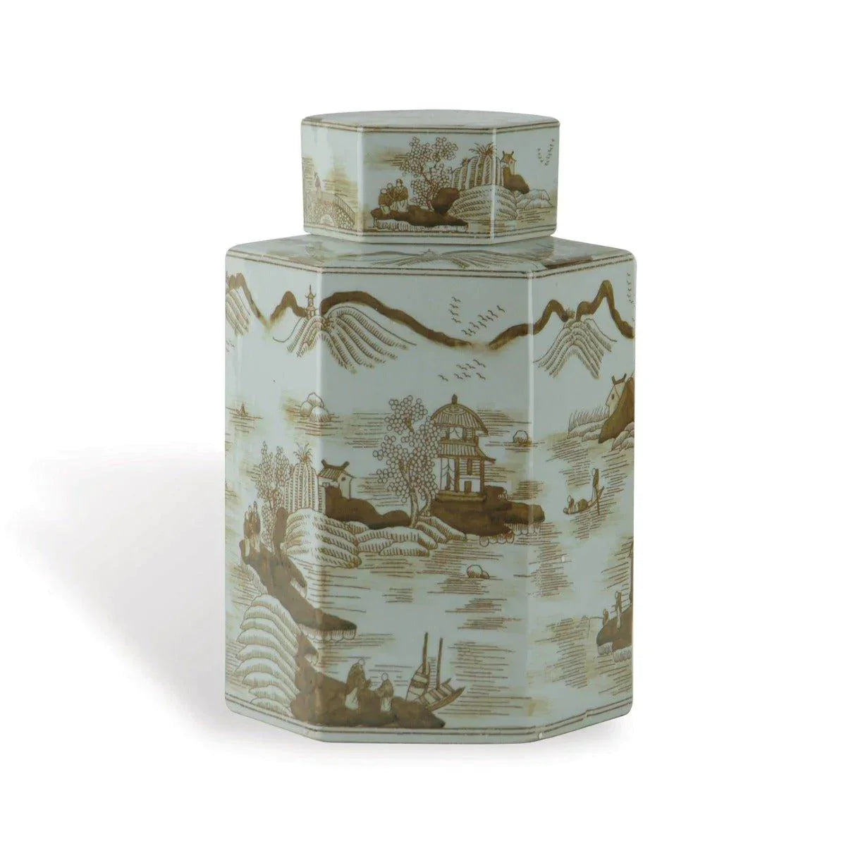Small Brown on White Porcelain Tea Jar with Asian Pastoral Scene